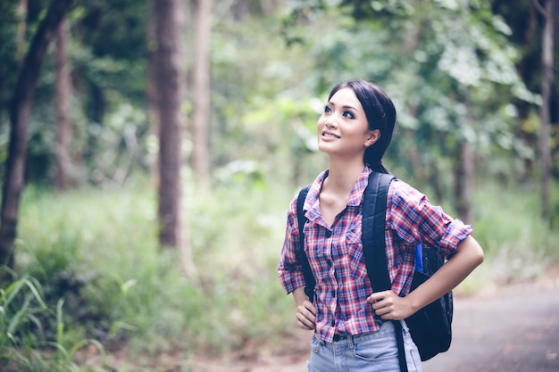 Young Women Hikers on Relax time on holiday concept travel in forest