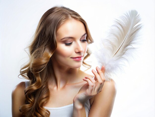 Photo a young women holding a feather