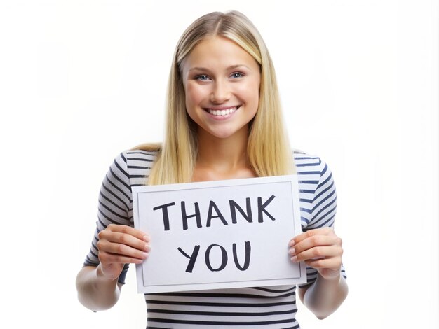 Photo a young women holding a thank you sign white background