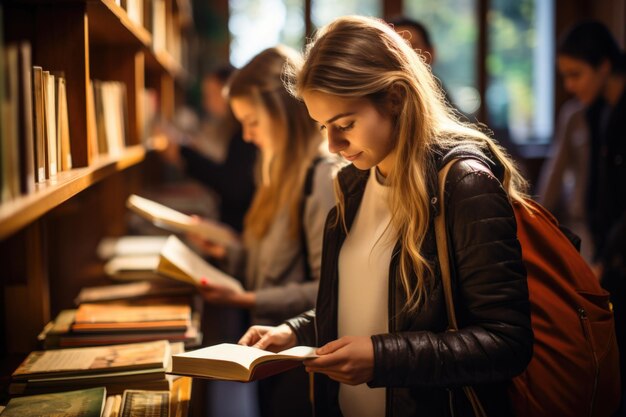 Молодая женщина в большой библиотеке выбирает книгу на полке