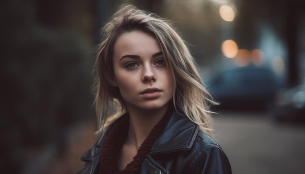 Young women in leather jackets smiling outdoors generated by AI