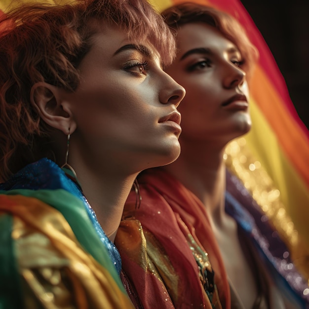 Young women in love covering in rainbow flag