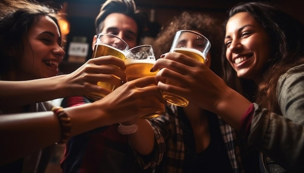 Photo young women and men enjoying celebratory drinks generated by ai