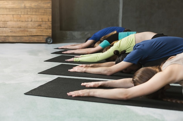 Young women and men in yoga class, meditation exercises. Pose for relaxation. Healthy lifestyle in fitness club, crop, copy space