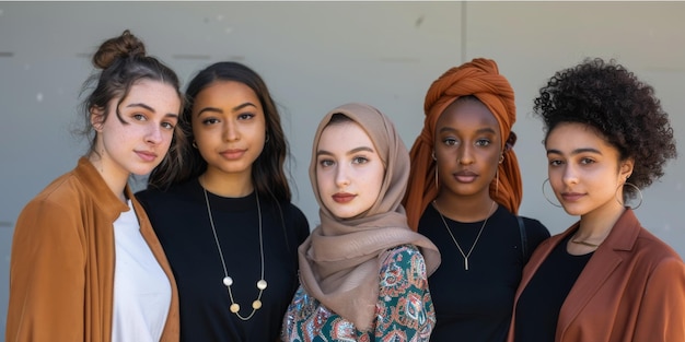 Young women of multicultural appearance different races and skin color but friends international women39s day different religions Islam Christianity
