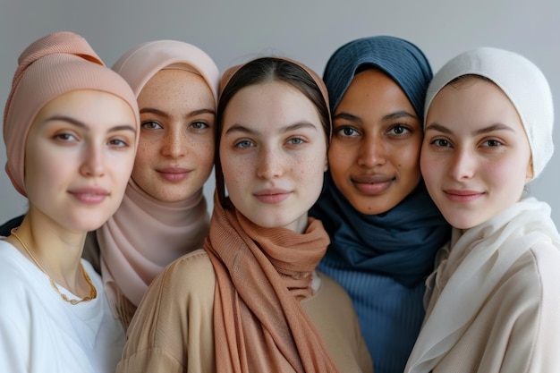 Young women of multicultural appearance different races and skin color but friends international women39s day different religions Islam Christianity