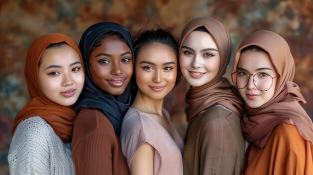 Young women of multicultural appearance different races and skin color but friends international women39s day different religions Islam Christianity