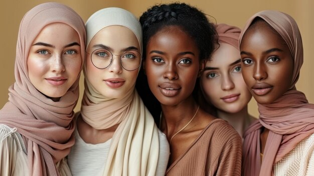 Young women of multicultural appearance different races and skin color but friends international women39s day different religions Islam Christianity