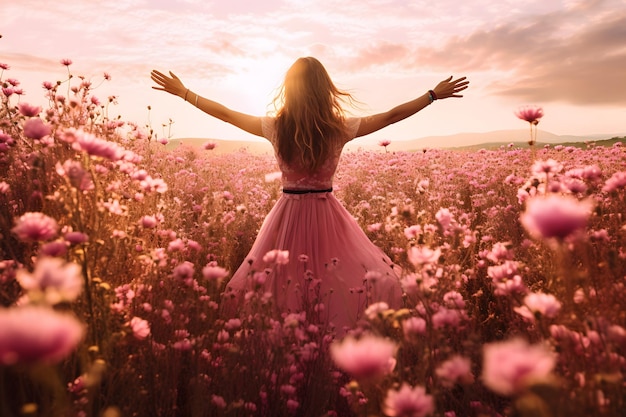 Foto giovani donne in un campo di fiori rosa al tramonto concetto di libertà e felicità