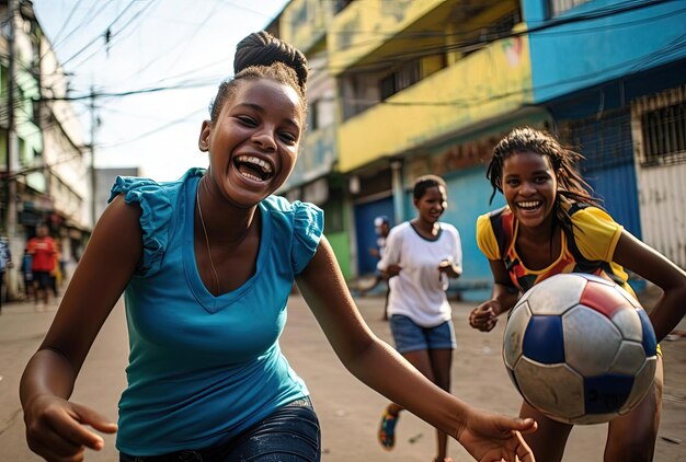 アフロコロンビアのテーマのスタイルで路上でサッカーをしている若い女性