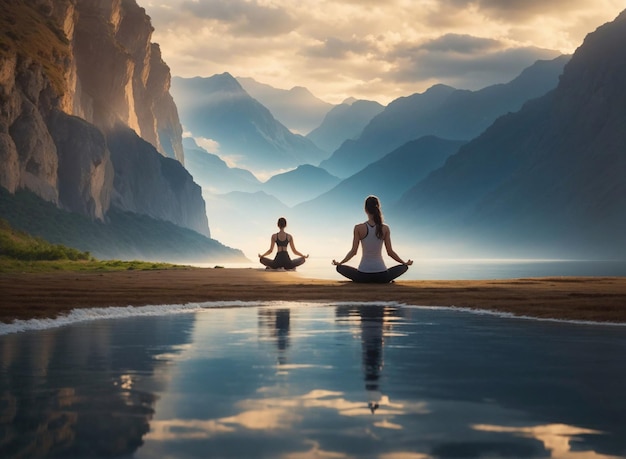 Young women practicing yoga or meditating in the tranquil natural landscape relaxing life balance