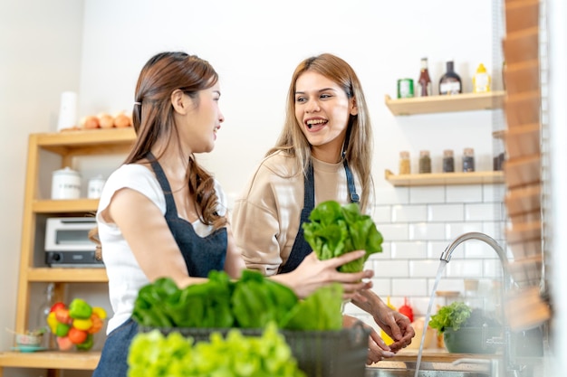 Young women preparing healthy food with salad vegetables woman stsnding at pantry in a beautiful interior kitchen The clean diet food from local products and ingredients Market fresh