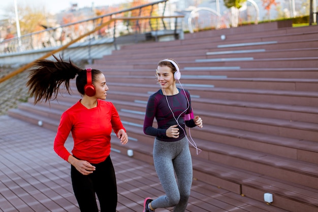 Young women running in urban area