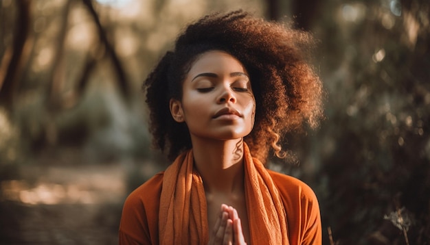 Young women smiling meditating in serene forest generated by AI