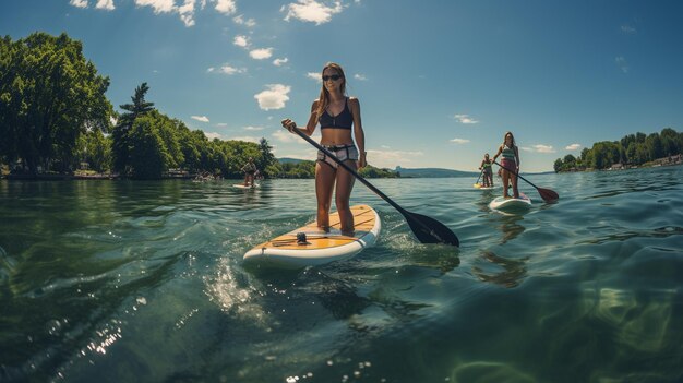 Young women on stand up paddle board in the lake Active lifestylegenerative ai