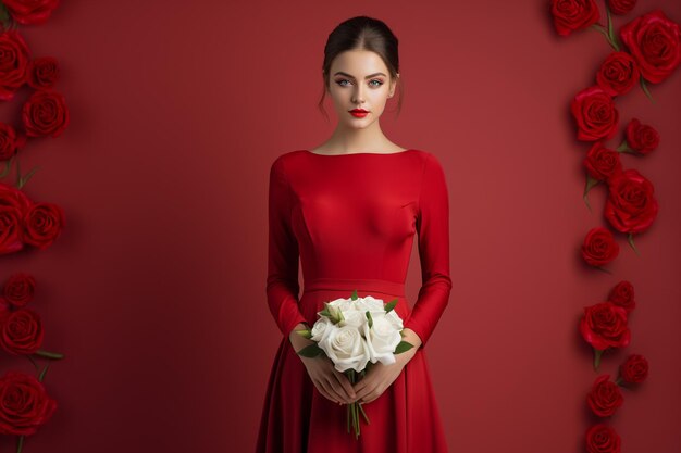 Photo young women standing in studio wearing wedding dress full photo with red rose