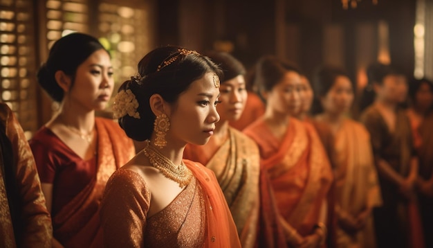 Young women in traditional clothing praying happily generated by AI