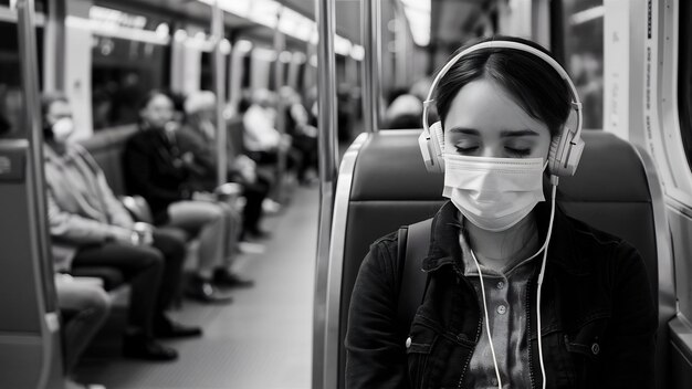 Young women using public transport with surgical mask