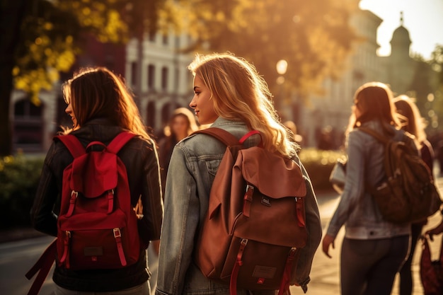 Young women walking down a vibrant city street