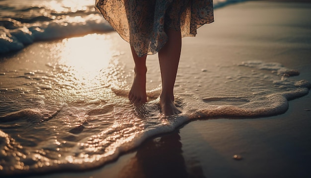 Foto giovani donne che camminano sulla sabbia godendosi il tramonto insieme generate dall'intelligenza artificiale