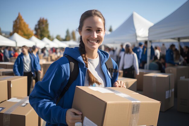 young women with boxes of donations coming out