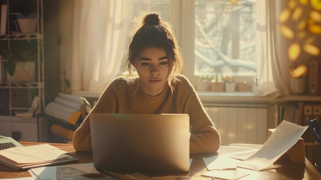 Young women work from home in front of a laptop