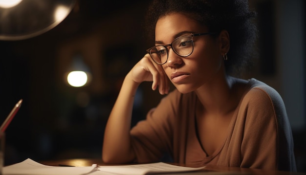 Foto giovani donne che lavorano fino a tardi studiando alla scrivania mano sul mento generato dall'intelligenza artificiale