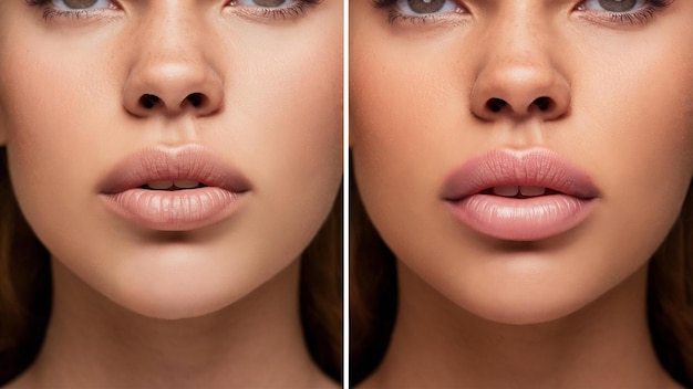 Photo a young womens face with lips before and after lip enhancement injection of filler in lips