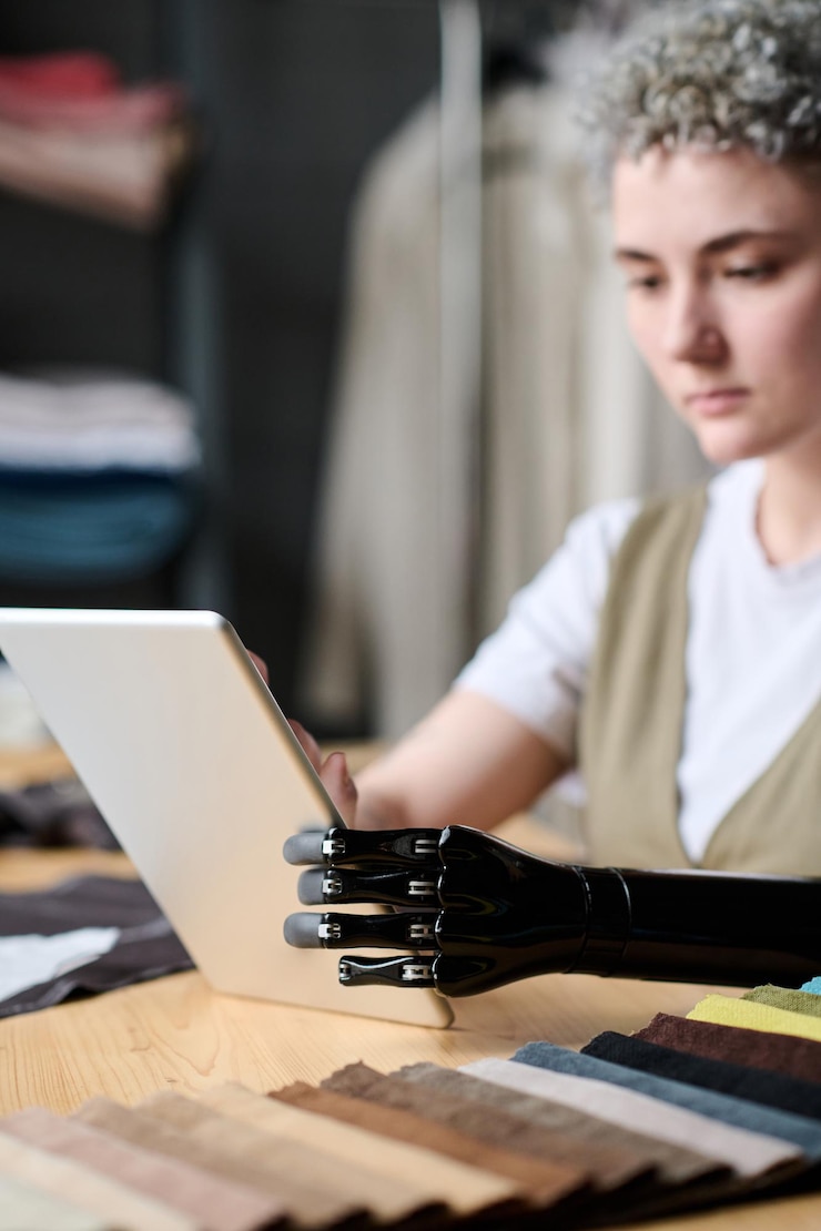 Photo young worker of fashion studio looking through online images on tablet screen