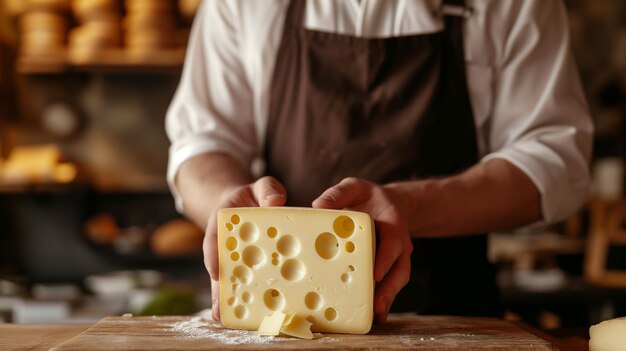 写真 店でチーズを持った若い労働者