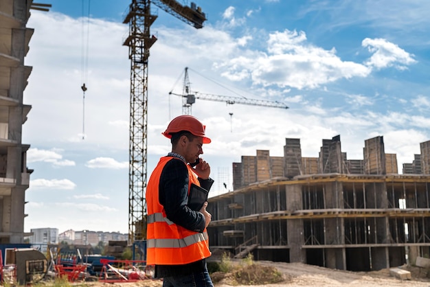 A young worker in uniform and helmet on a new building calls the boss to clarify the details of construction Construction concept