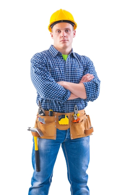 Young worker with tools isolated