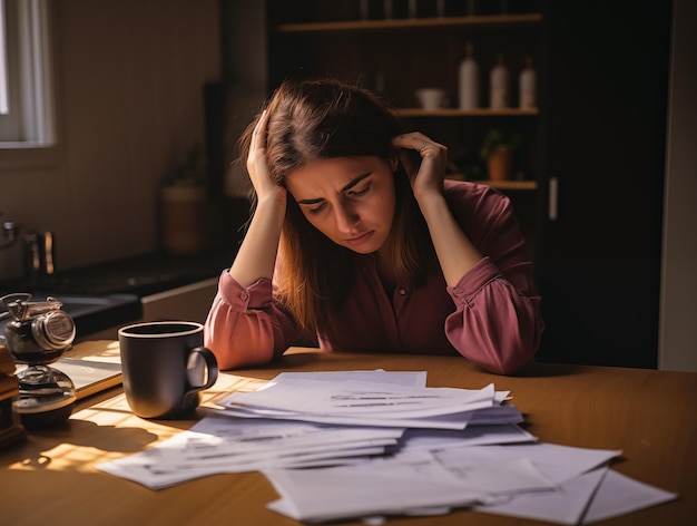 Photo young worried woman sitting at table with stack of bills poverty concept