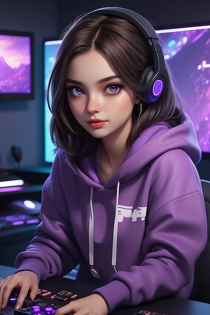 A young yearold girl with long dark brown purple eyes usually she is in her gaming room