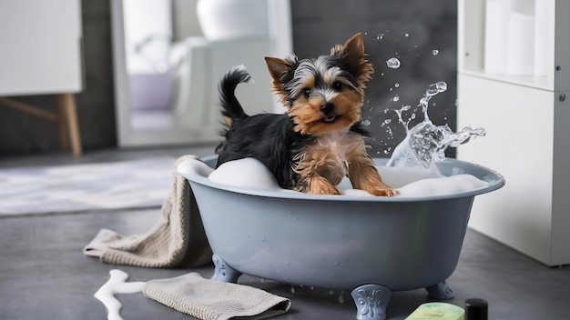Young yorkshire terrier and bath