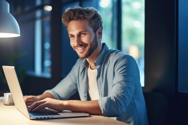 Young young smiling professional male smiling face working with laptop in office