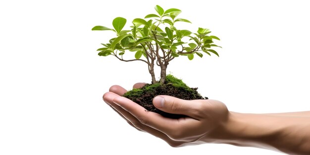 Foto youngman mani in possesso di un piccolo albero isolato su sfondo bianco piantare albero eco concetto generativo ai