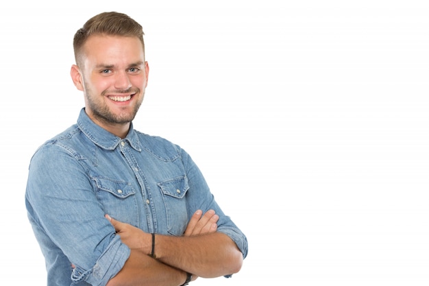 Youngman smile brightly, crossed arms, isolated