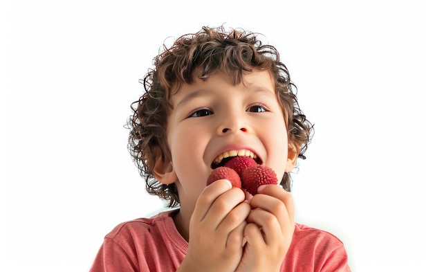 Foto ragazzo che si diverte con il litchi contro uno sfondo bianco ritratto da solista