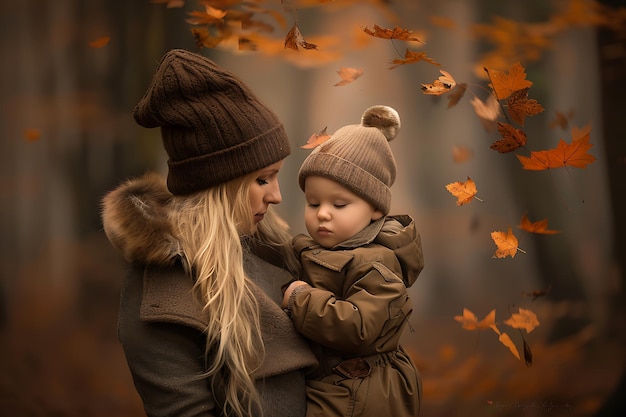 Photo youngster outdoors and mom huggin