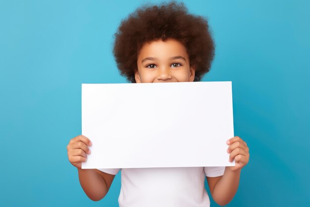 Youngster presenting blank cardboard on colorful background