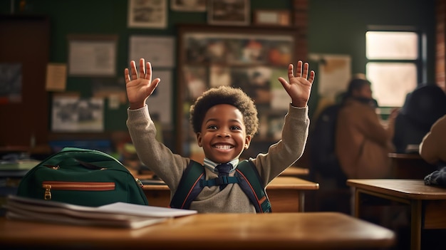 A youngster in school is seen raising his hands in celebration Generative Ai