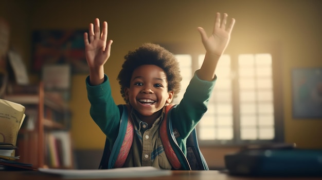 A youngster in school is seen raising his hands in celebration Generative Ai