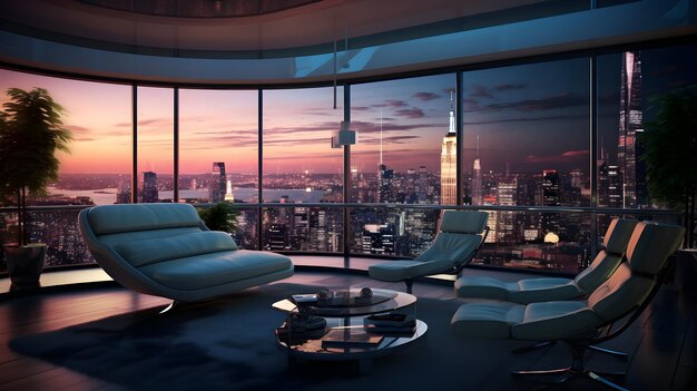 Your futuristic cityscape apartment offers floortoceiling windows with a skyline that never sleeps