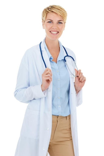 Your illness is her concern. A young female doctor standing against a white background.