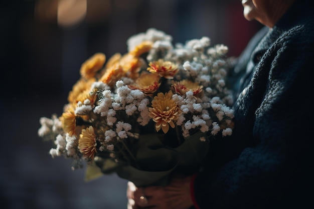 Your mother holding a bouquet of flowers bokeh Generative AI