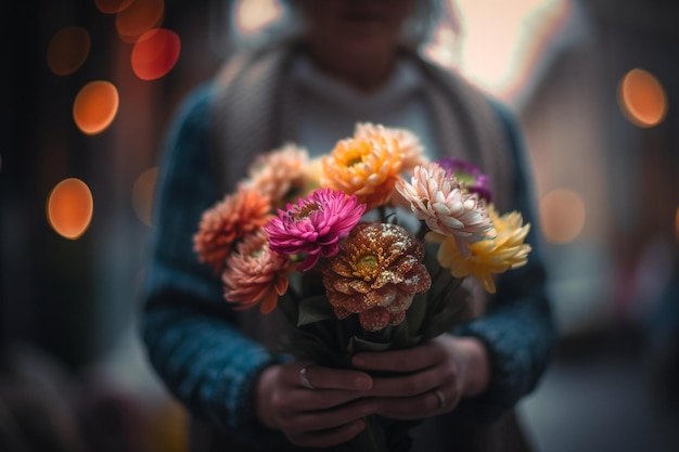 Your mother holding a bouquet of flowers bokeh Generative AI