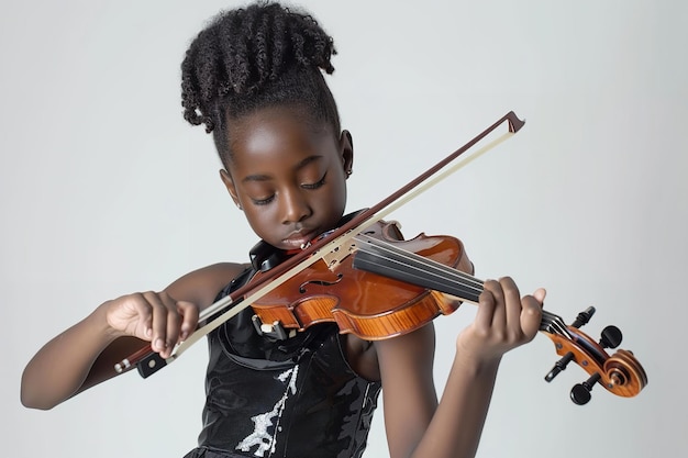 A youth African woman in black suit emerged himself playing violin over white setting Generative ai