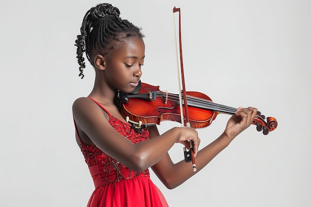 A youth African woman in black suit emerged himself playing violin over white setting Generative ai