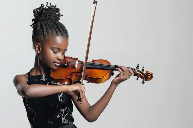 黒いスーツを着た若いアフリカの女性が白い舞台でバイオリンを弾いて現れた.